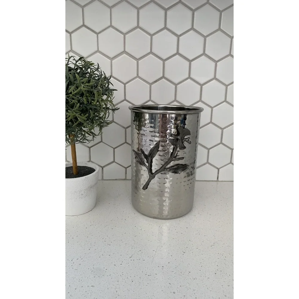 Stainless steel‎ vase with Dark silver vine 3D utensils holder hammered Metal